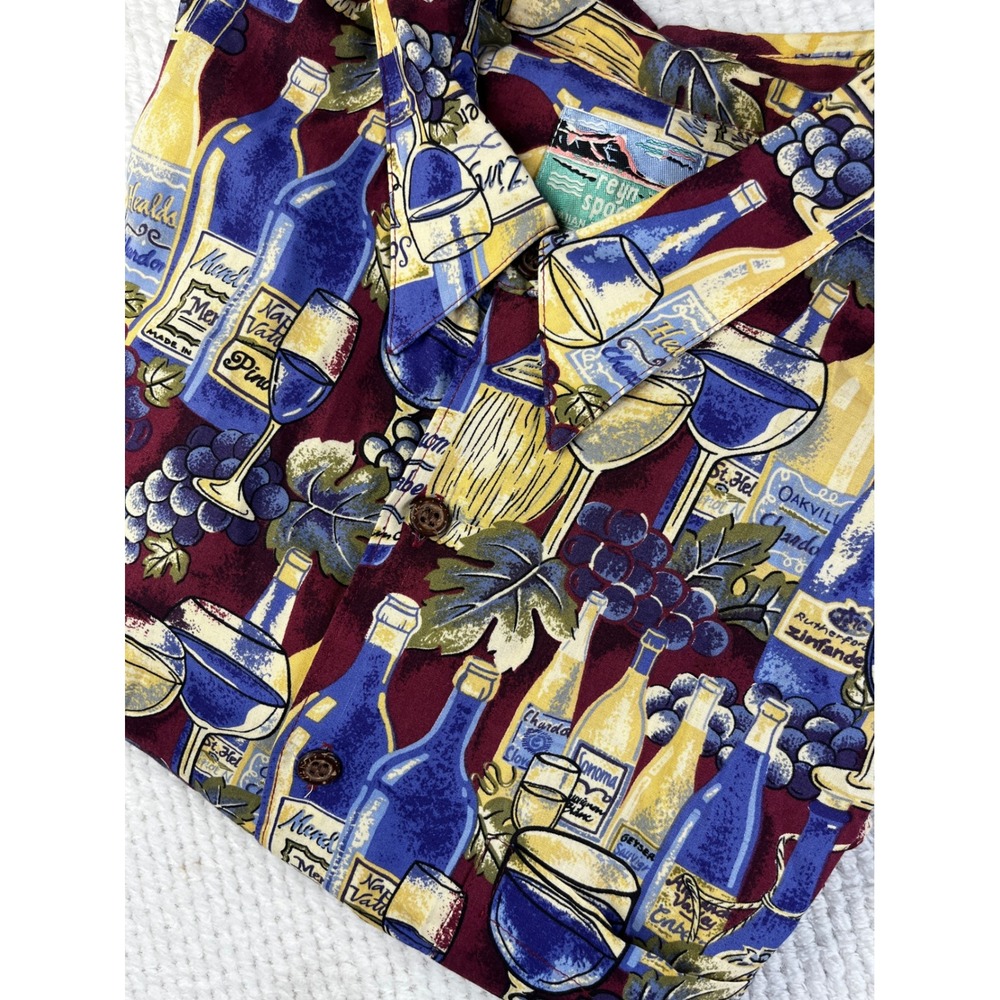 Reyn Spooner Mens Wine Bottles Grapes Hawaiian Shirt Large Burgundy Rayon L